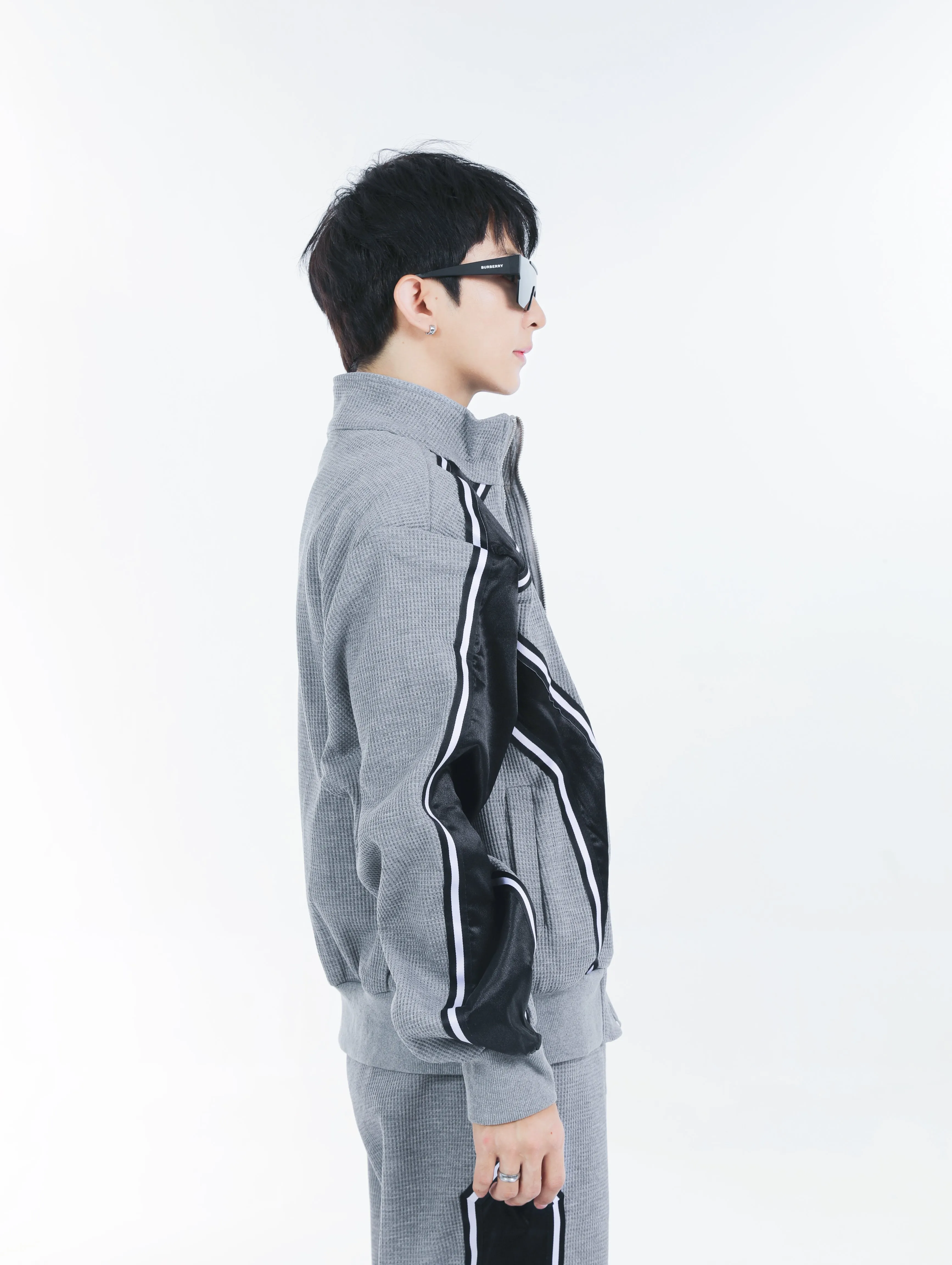 【23s September.】Striped Patchwork Waffle Sweatshirt Wide-Leg Pants Suit -M
