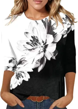 3/4 Length Sleeve Womens Tops 2025 Crewneck Casual Tunic Tops Loose Fit Boho Clothes Floral Print Summer T Shirts