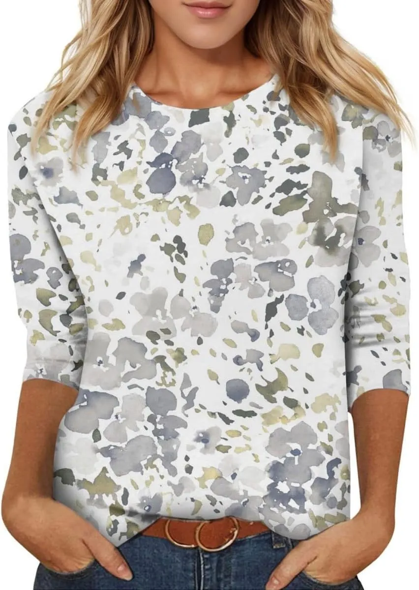 3/4 Length Sleeve Womens Tops 2025 Crewneck Casual Tunic Tops Loose Fit Boho Clothes Floral Print Summer T Shirts