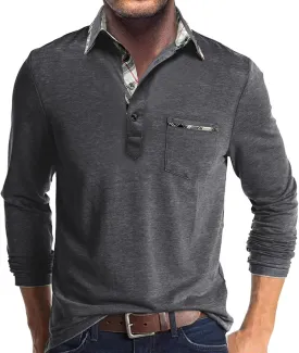 Aulemen Men's Long Sleeve Polo Shirts Casual Button Golf Tshirt Moisture Wicking Cotton Tee Collared Basic Shirts with Pocket