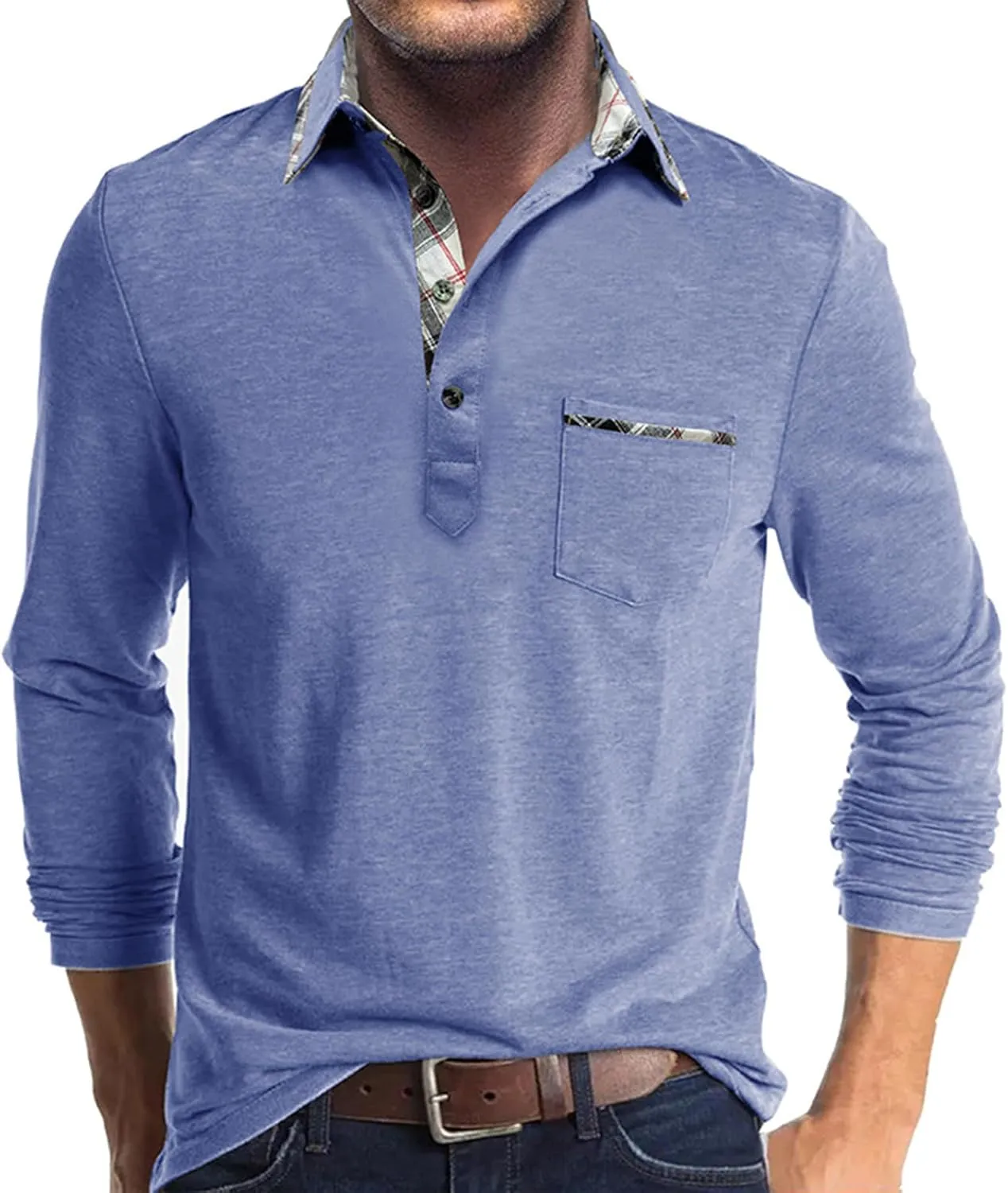 Aulemen Men's Long Sleeve Polo Shirts Casual Button Golf Tshirt Moisture Wicking Cotton Tee Collared Basic Shirts with Pocket