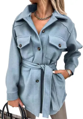 BOFETA Women's Shirt Collar Single Breasted Coat Winter Long Casual Belted Coat With Pocket