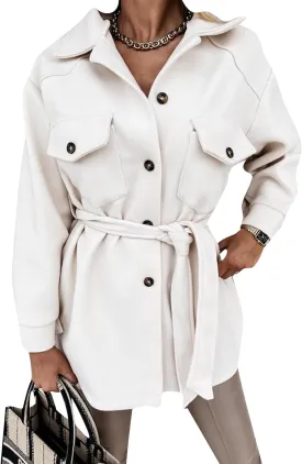 BOFETA Women's Shirt Collar Single Breasted Coat Winter Long Casual Belted Coat With Pocket