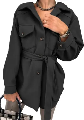 BOFETA Women's Shirt Collar Single Breasted Coat Winter Long Casual Belted Coat With Pocket