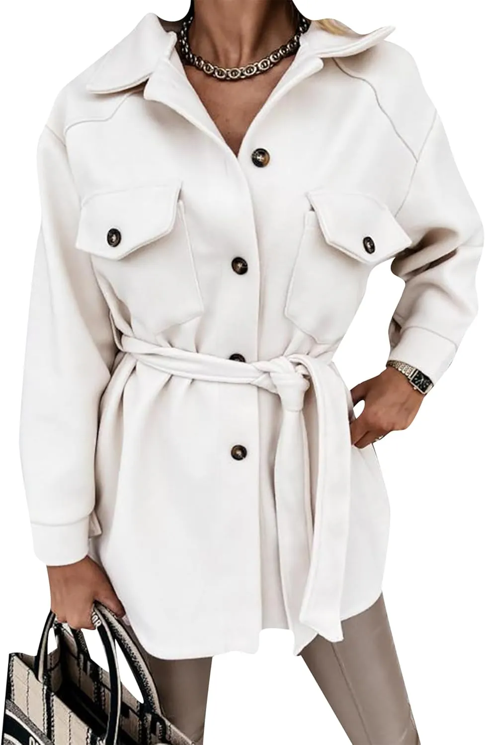 BOFETA Women's Shirt Collar Single Breasted Coat Winter Long Casual Belted Coat With Pocket