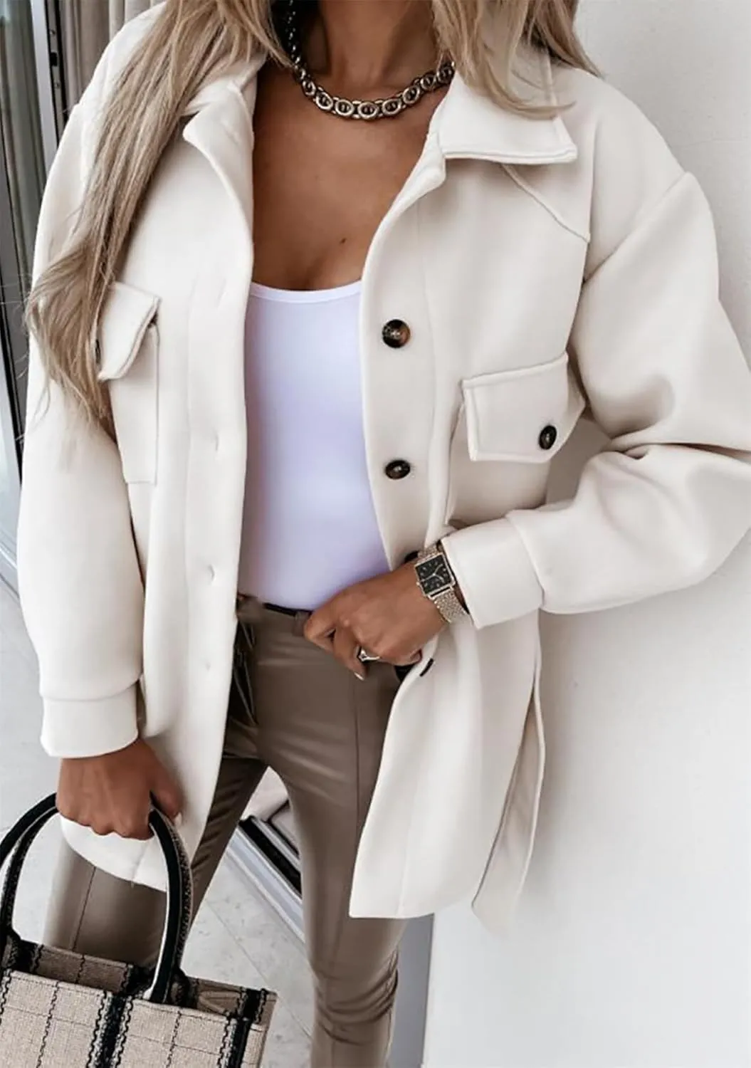 BOFETA Women's Shirt Collar Single Breasted Coat Winter Long Casual Belted Coat With Pocket