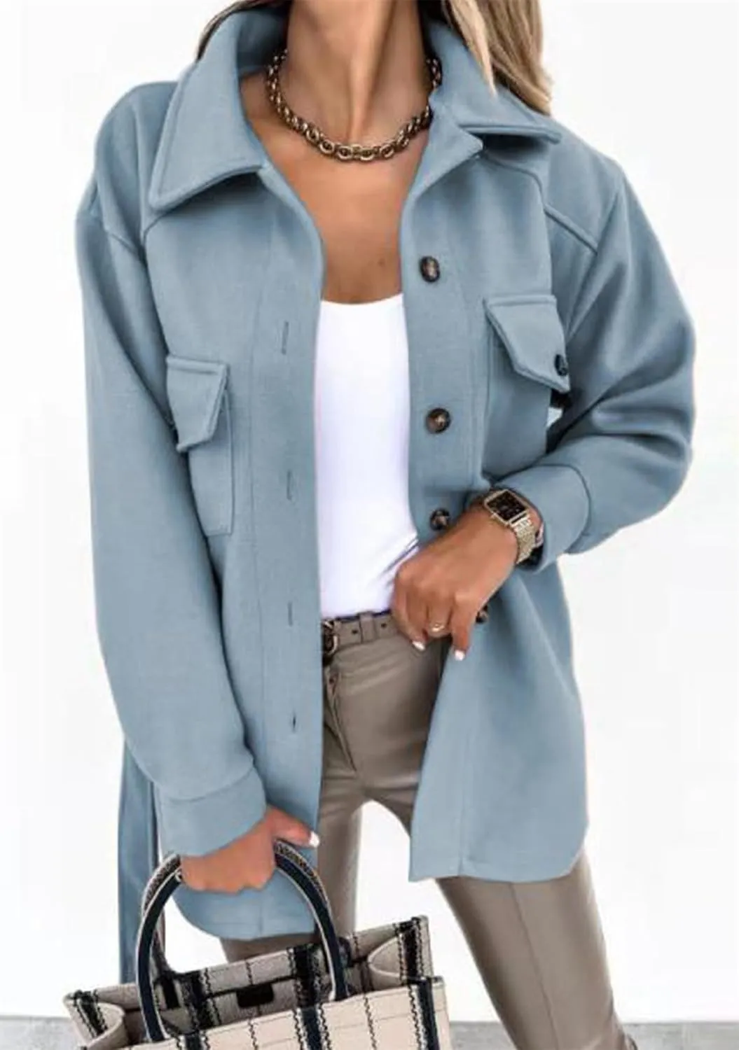 BOFETA Women's Shirt Collar Single Breasted Coat Winter Long Casual Belted Coat With Pocket
