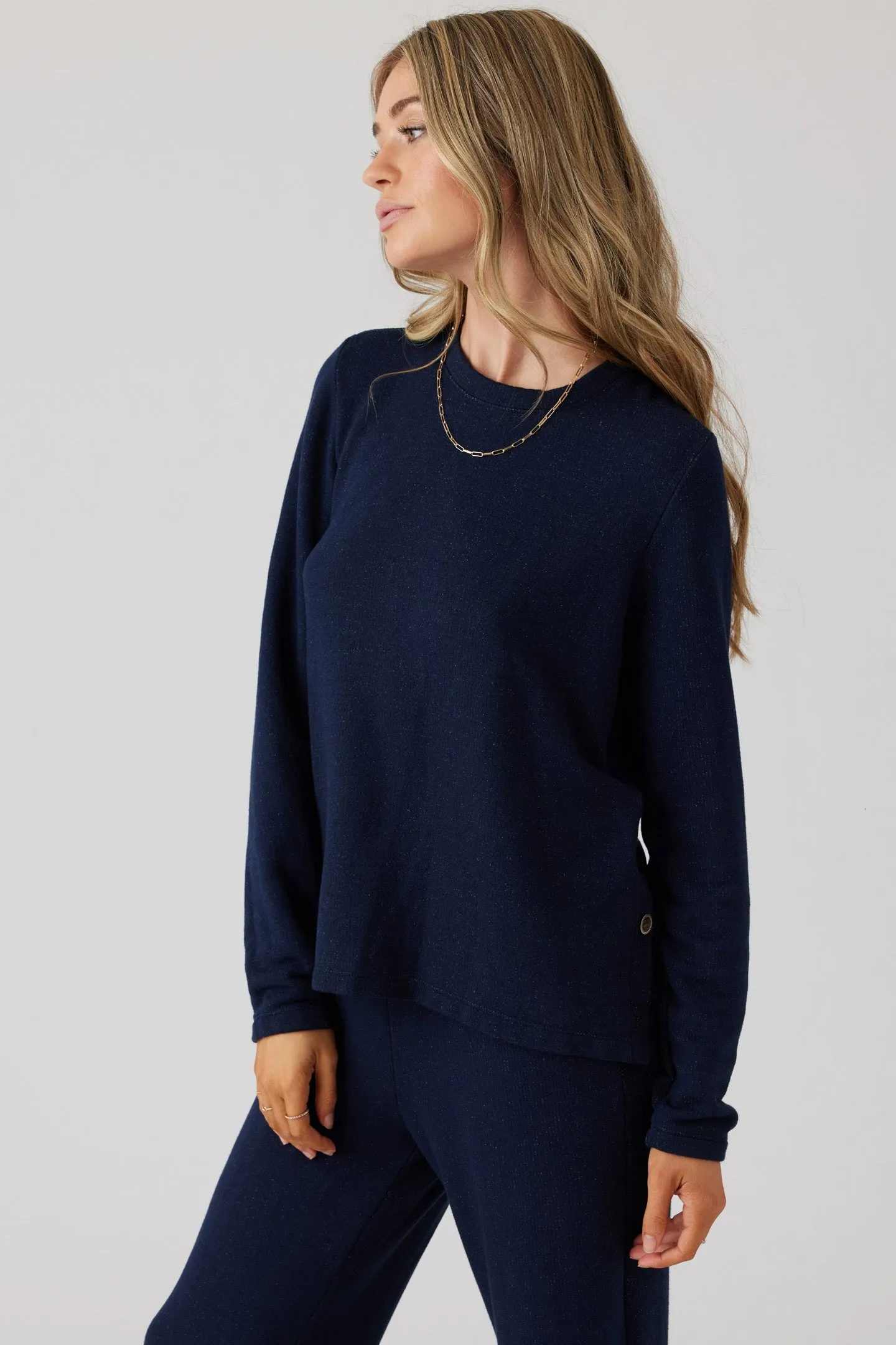 Brushed Boucle Long Sleeve Top - Indigo