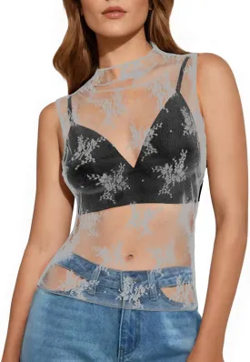 Buauty Mesh Long Sleeve Top for Women, Lace Sheer Tops See Through Mock Neck Floral Embroidery Sheer Blouce Fishnet Shirt