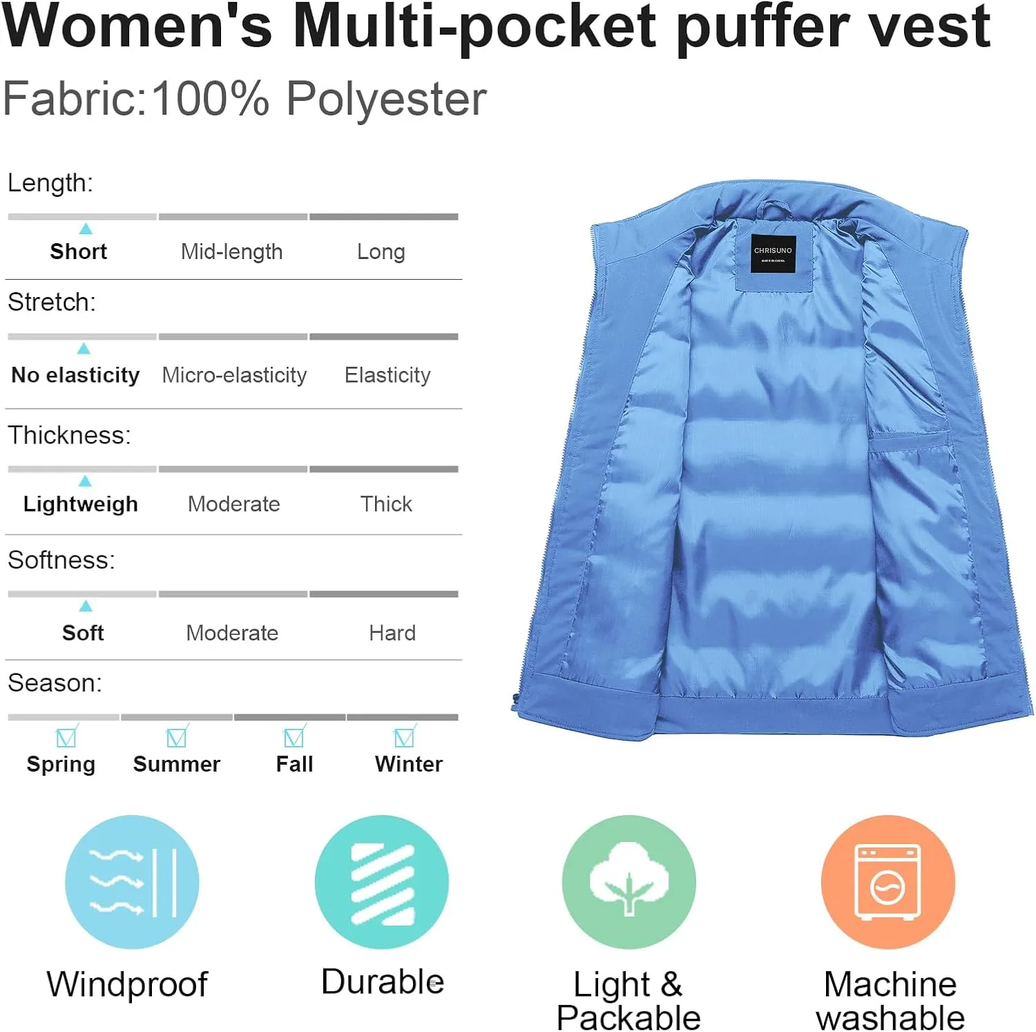 Chrisuno Women's Puffer Vest Casual Stand Collar Quilted Waistcoat Outdoor Padded Ski Vest