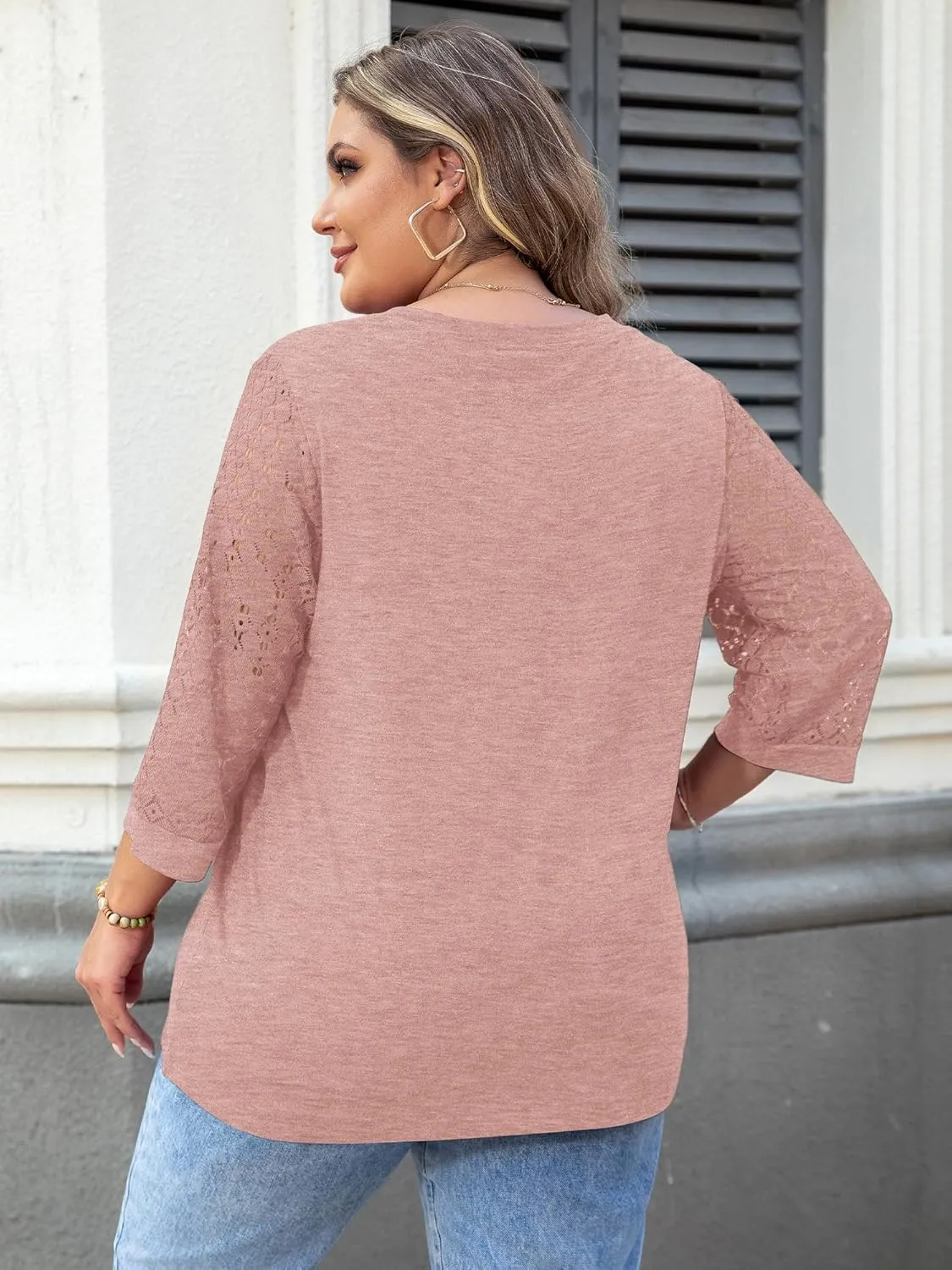 Chulianyouhuo Plus Size Tops for Women 3/4 Lace Sleeve V Neck Tee Shirt Summer Casual Loose Fit Tunic Blouse 2025