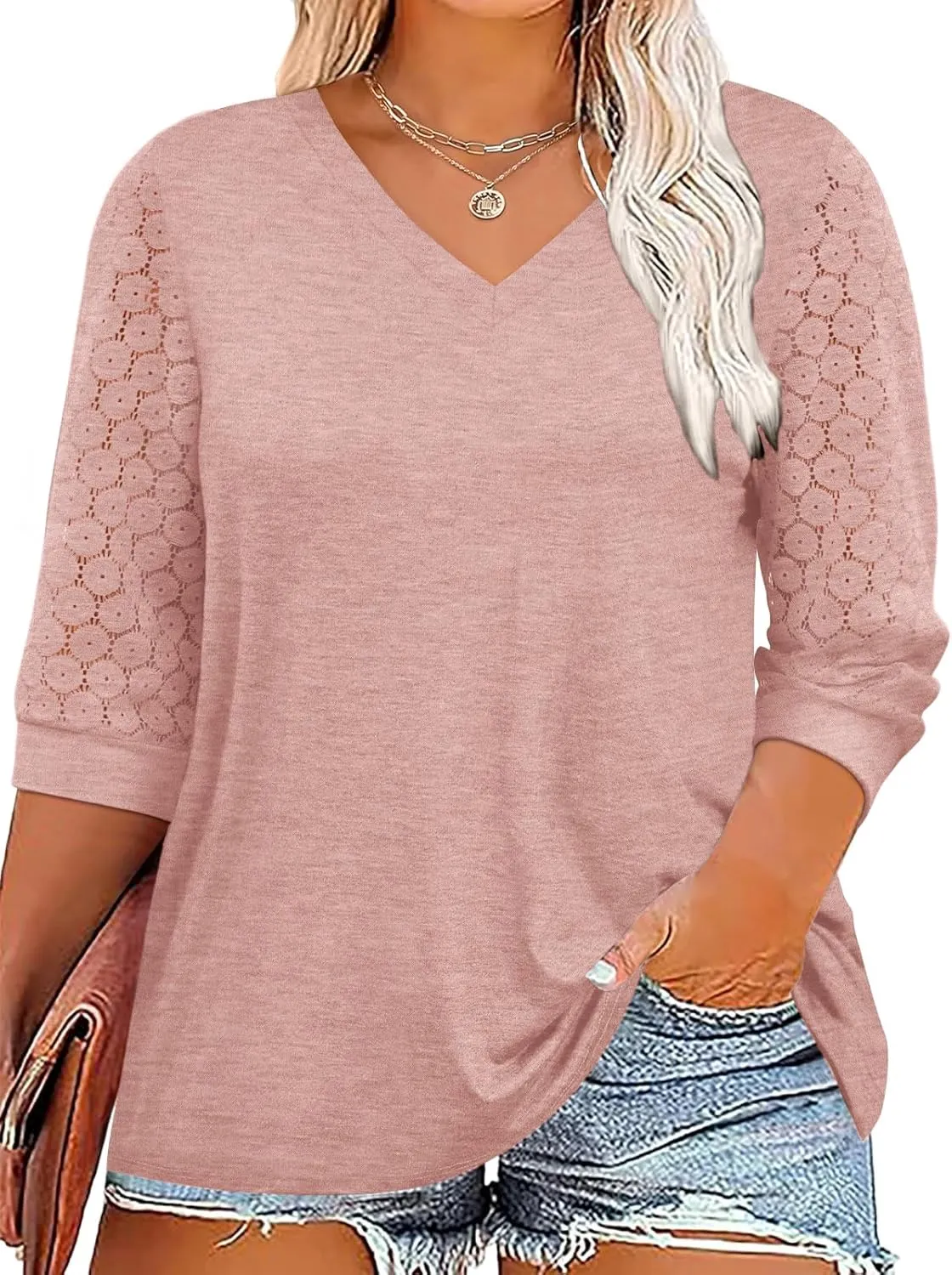 Chulianyouhuo Plus Size Tops for Women 3/4 Lace Sleeve V Neck Tee Shirt Summer Casual Loose Fit Tunic Blouse 2025