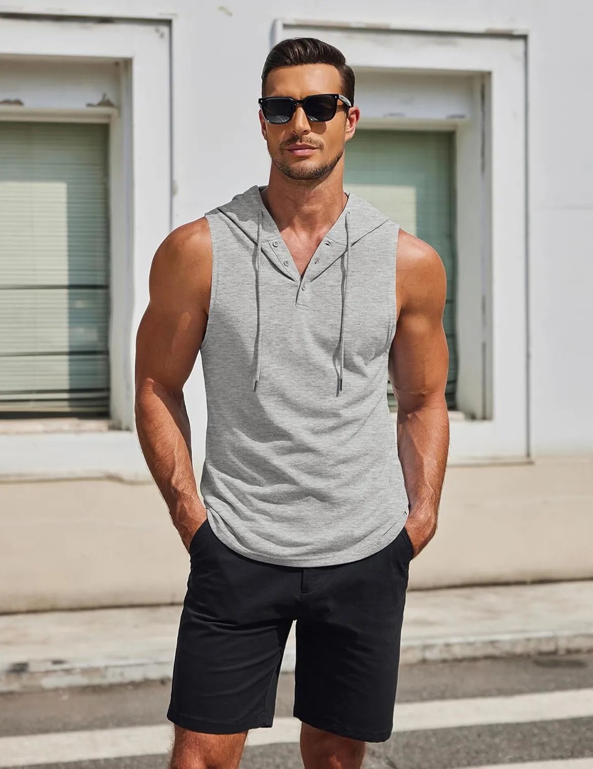 COOFANDY Men's Workout Hooded Tank Tops Sleeveless Gym Hoodies Cotton Muscle Cut Off Shirt Bodybuilding Henley Shirts