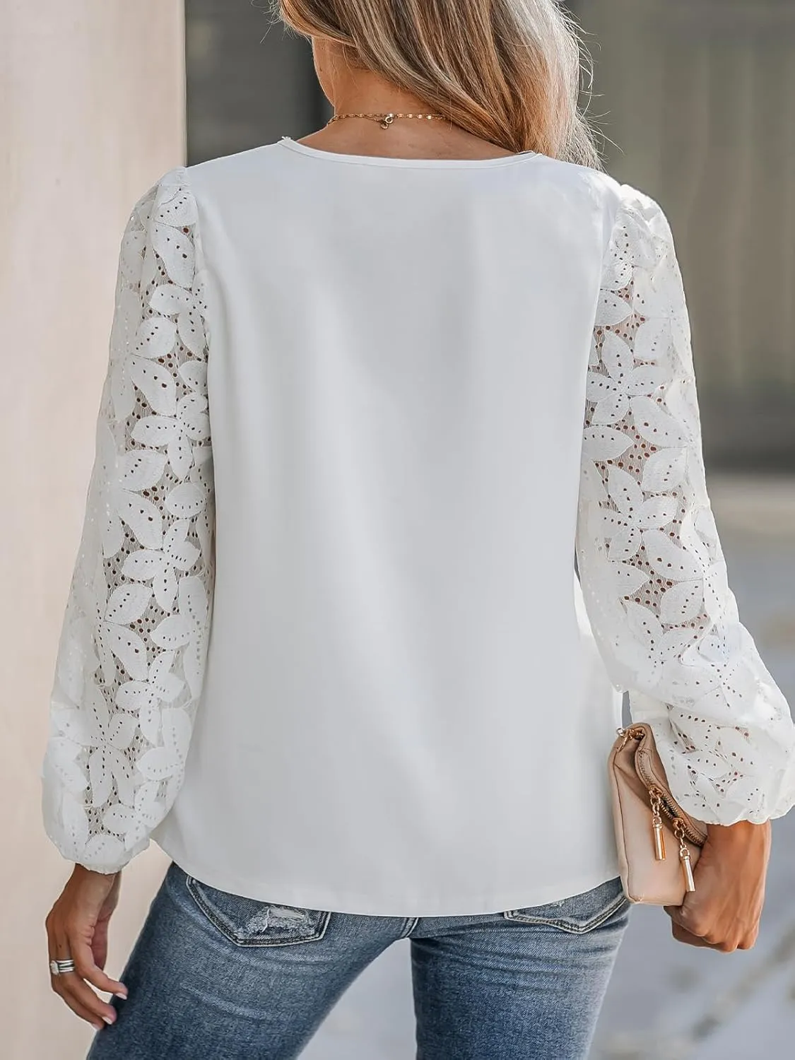 CUPSHE Women Floral Lace Scalloped Top Long Sleeve Shirts V Neck Blouses