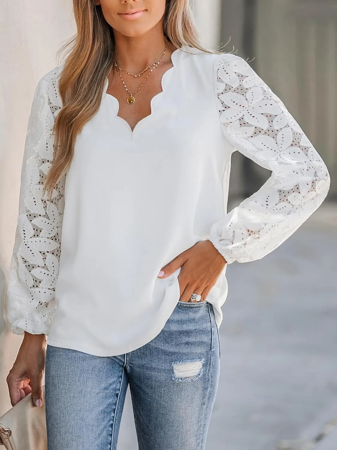 CUPSHE Women Floral Lace Scalloped Top Long Sleeve Shirts V Neck Blouses
