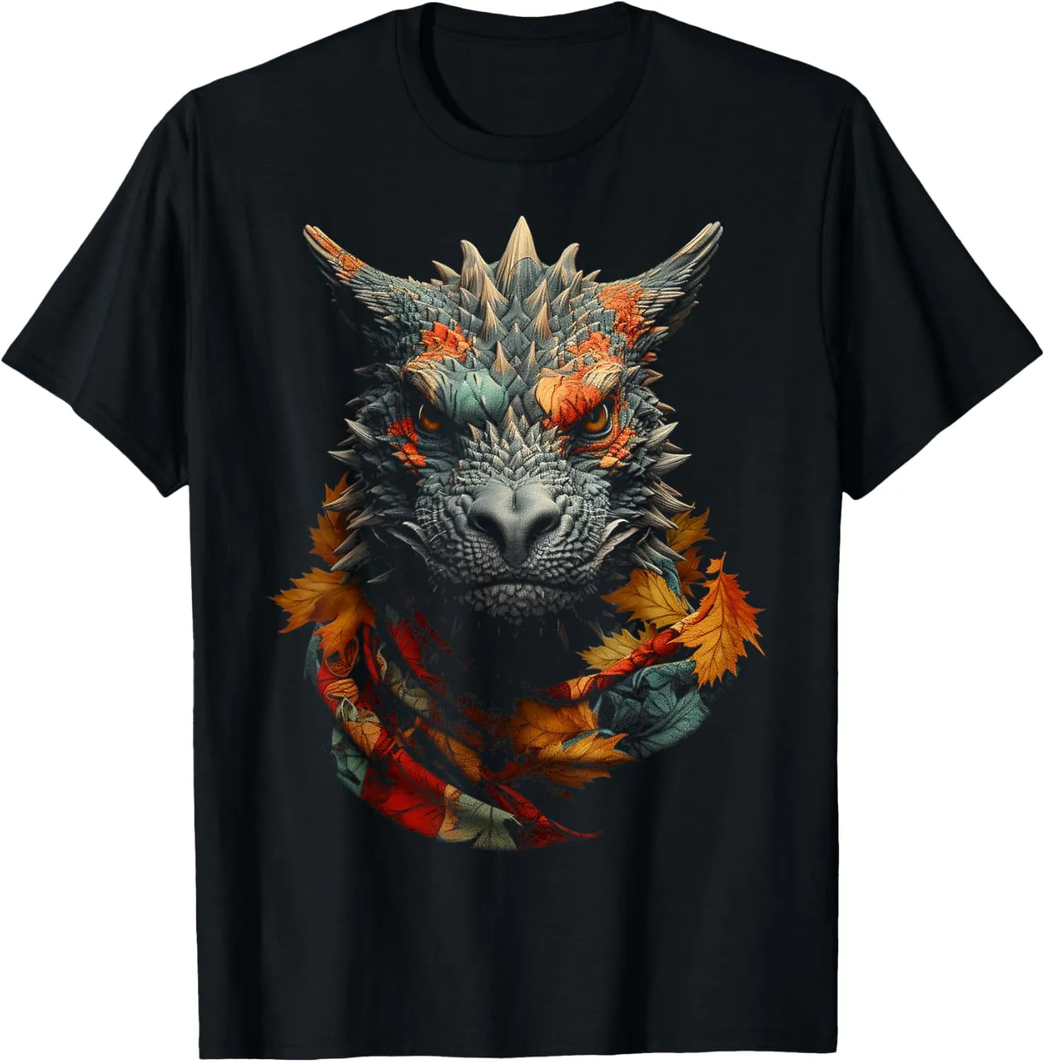 Dragon Autumn Leaves Animal Portrait Art Graphic Dragon T-Shirt