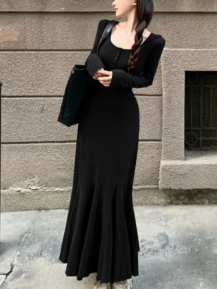 DressBetty - 2024 Sexy Solid Long Sleeve U-neck Mermaid Spring Bodycon Dress