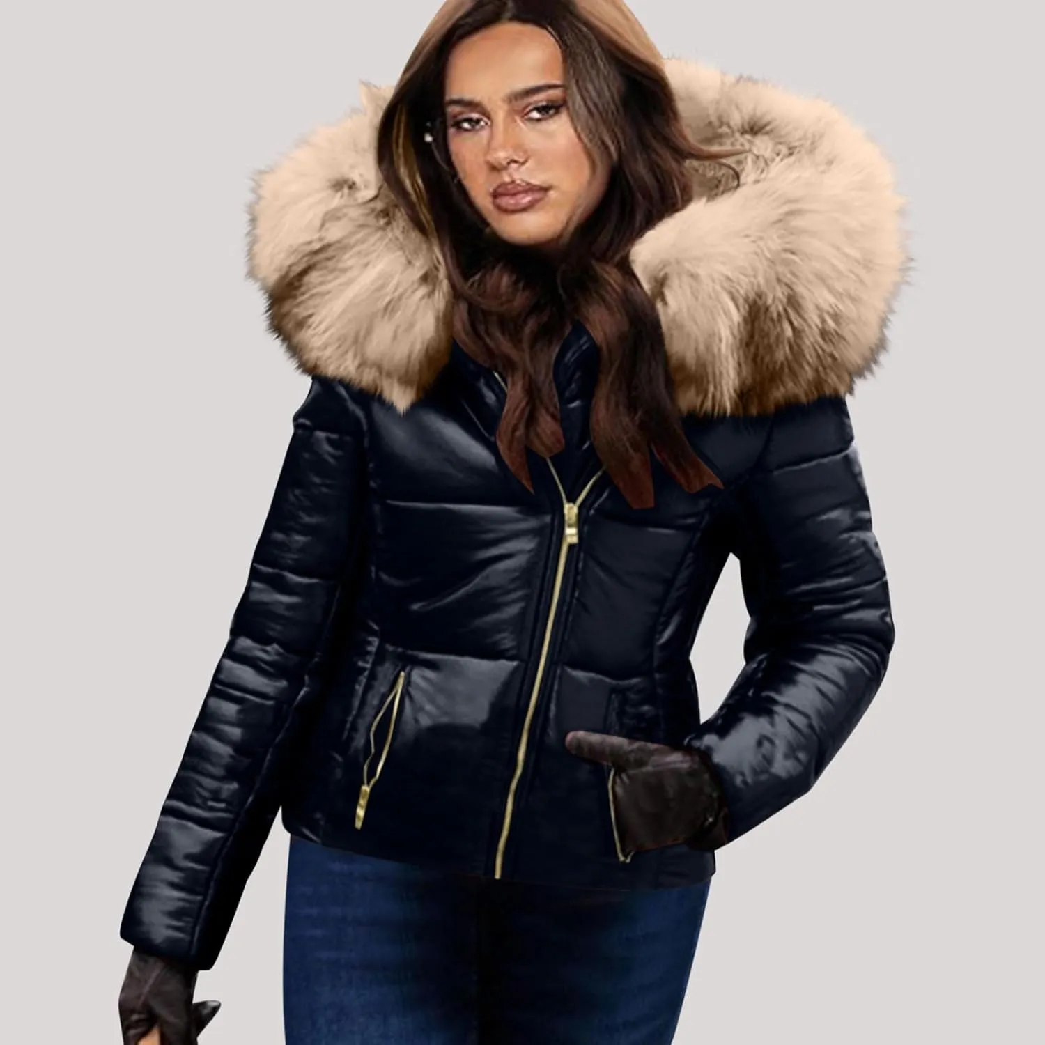 HGps8w Women's Shiny Puffer Jacket with Big Fur Hood, Zip Up Casual Winter Warm Padded Coat Cropped Outerwear with Pockets