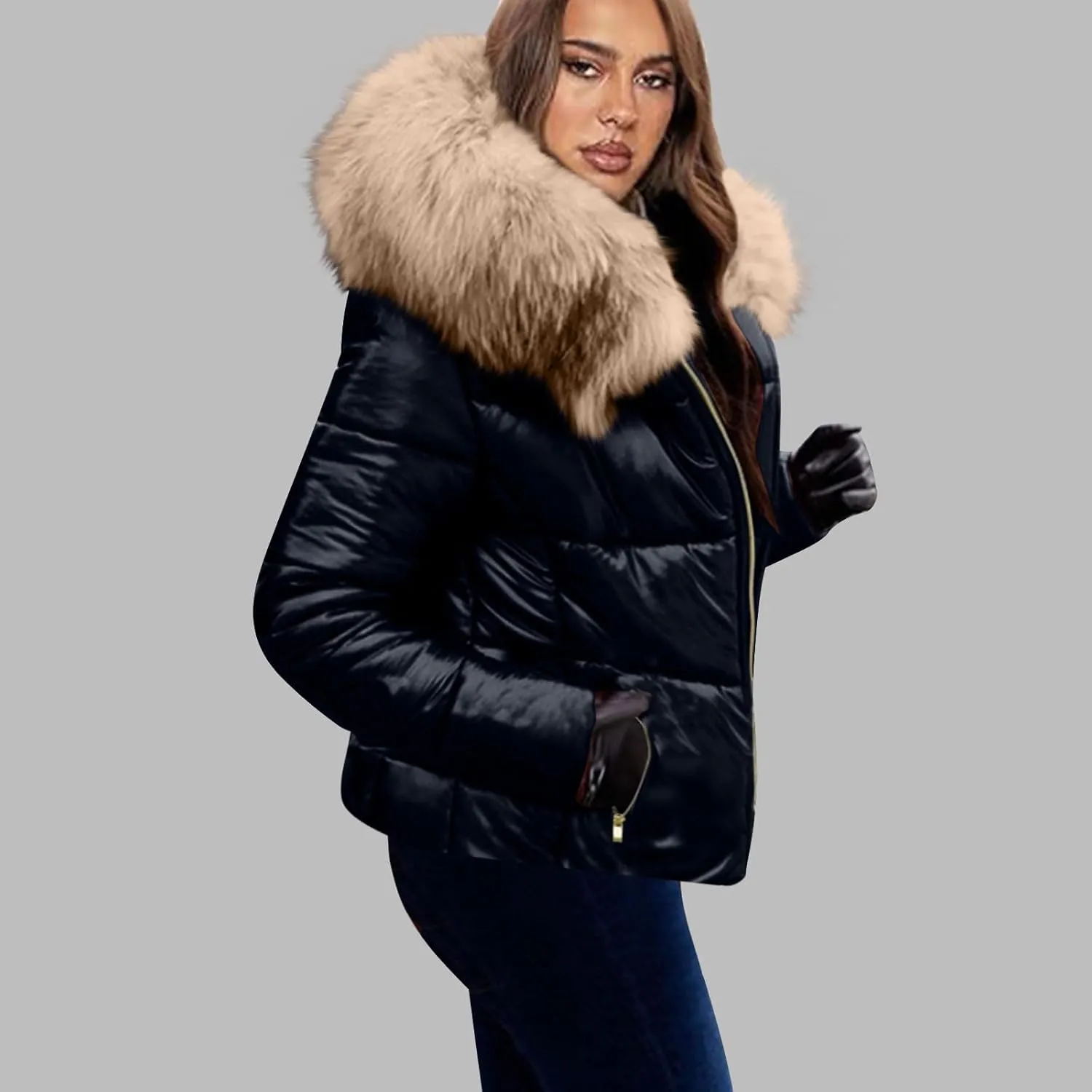 HGps8w Women's Shiny Puffer Jacket with Big Fur Hood, Zip Up Casual Winter Warm Padded Coat Cropped Outerwear with Pockets