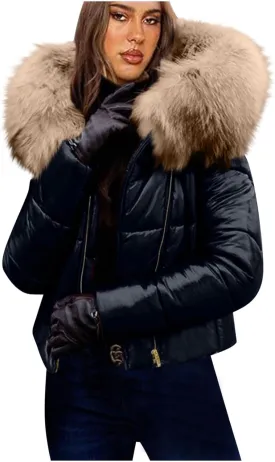HGps8w Women's Shiny Puffer Jacket with Big Fur Hood, Zip Up Casual Winter Warm Padded Coat Cropped Outerwear with Pockets