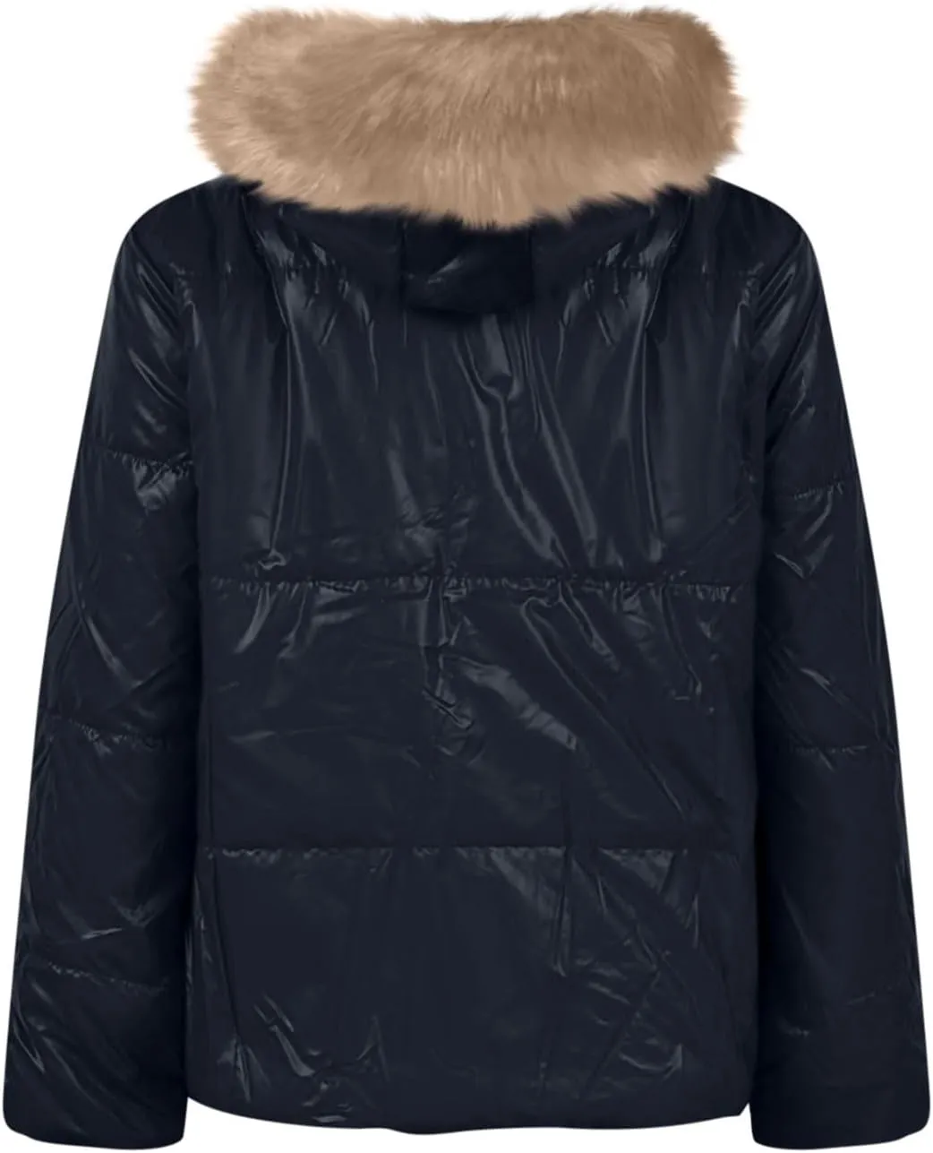 HGps8w Women's Shiny Puffer Jacket with Big Fur Hood, Zip Up Casual Winter Warm Padded Coat Cropped Outerwear with Pockets