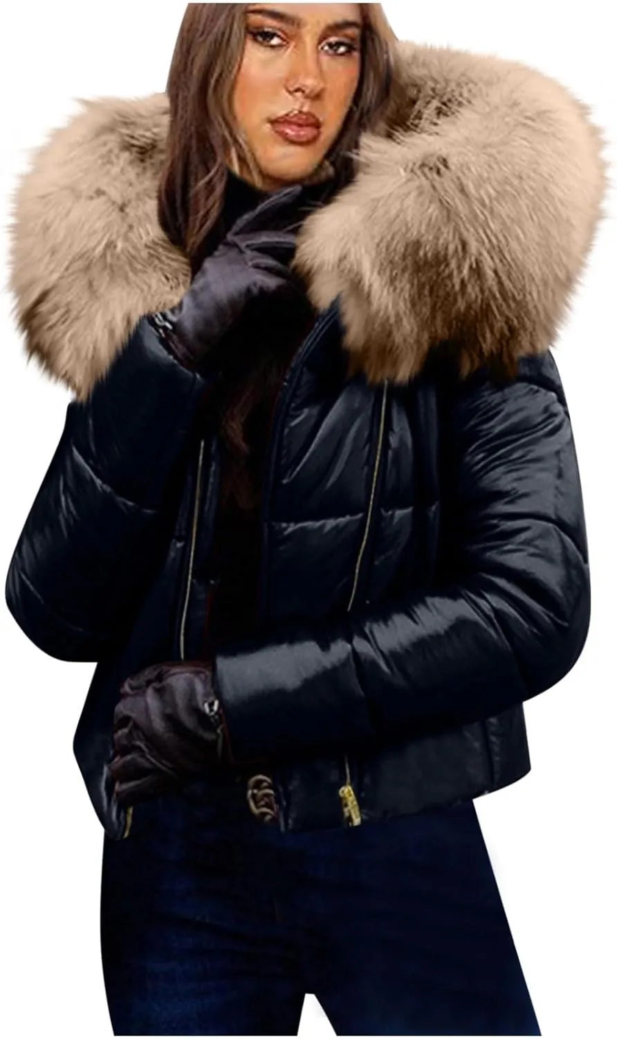HGps8w Women's Shiny Puffer Jacket with Big Fur Hood, Zip Up Casual Winter Warm Padded Coat Cropped Outerwear with Pockets