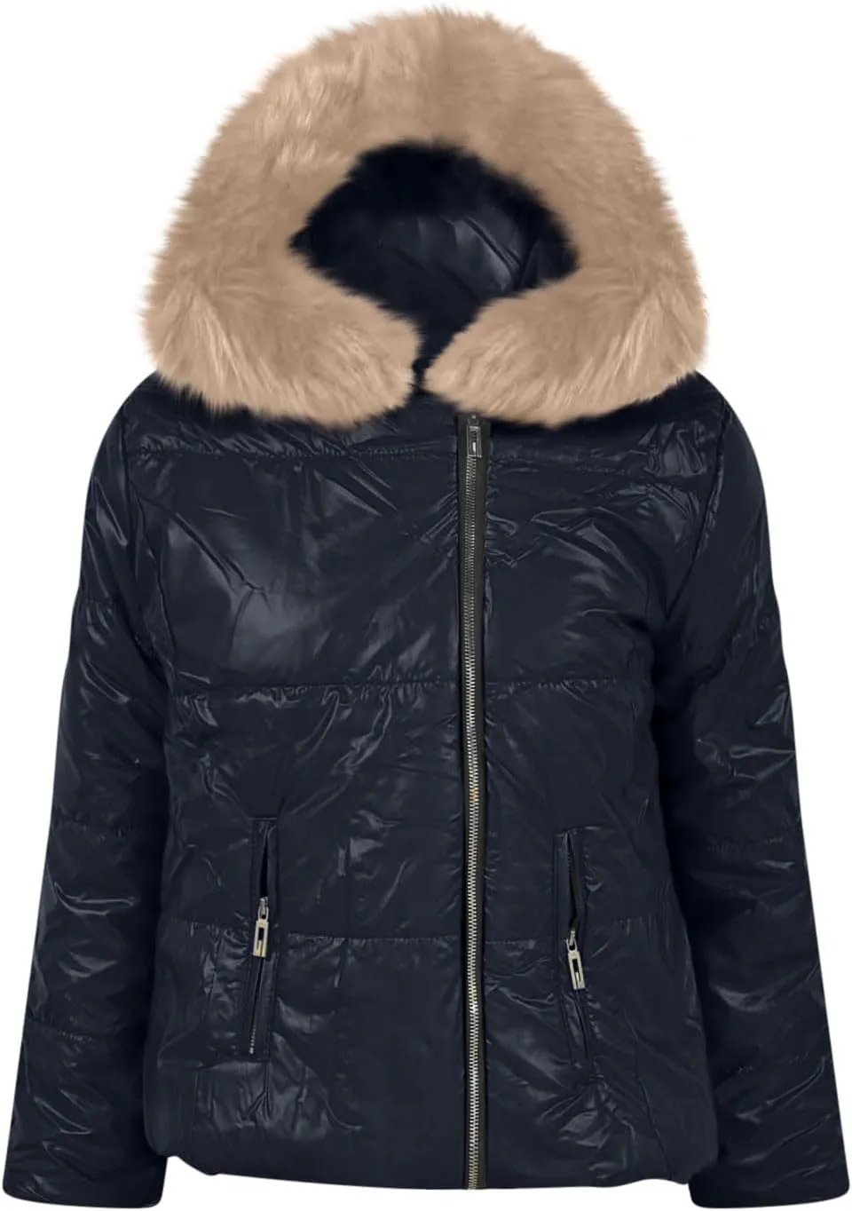 HGps8w Women's Shiny Puffer Jacket with Big Fur Hood, Zip Up Casual Winter Warm Padded Coat Cropped Outerwear with Pockets