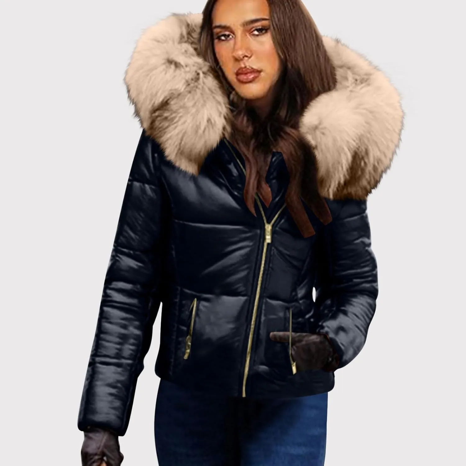 HGps8w Women's Shiny Puffer Jacket with Big Fur Hood, Zip Up Casual Winter Warm Padded Coat Cropped Outerwear with Pockets