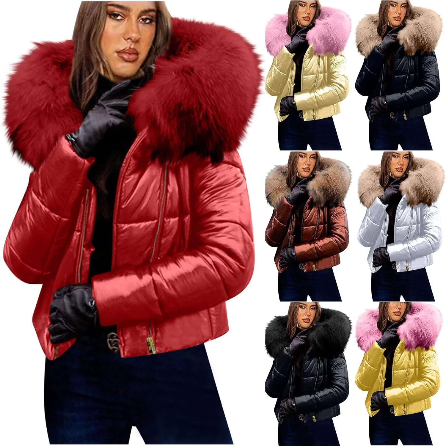 HGps8w Women's Shiny Puffer Jacket with Big Fur Hood, Zip Up Casual Winter Warm Padded Coat Cropped Outerwear with Pockets