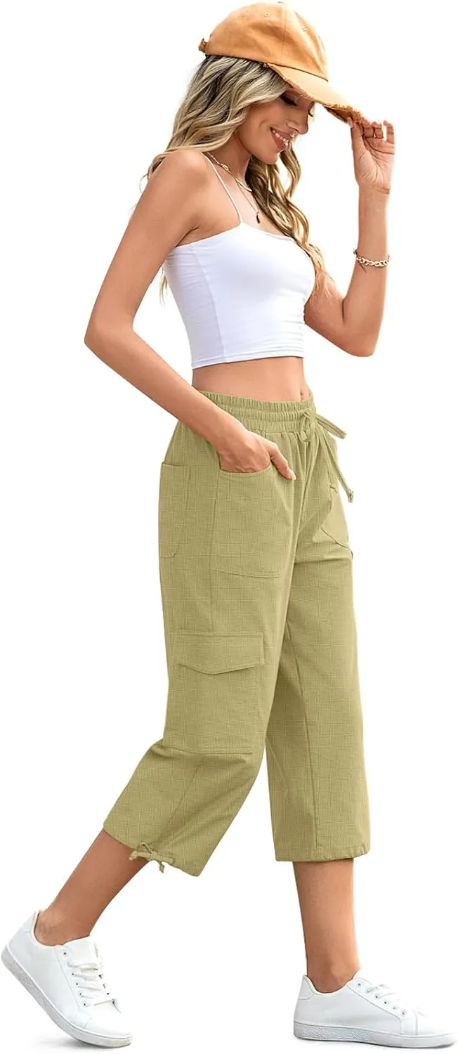 HOTGIFT Women Capris Cargo Pants 2025 Summer Hiking Pants Casual Lightweight Outdoor Quick Dry with 6 Pockets