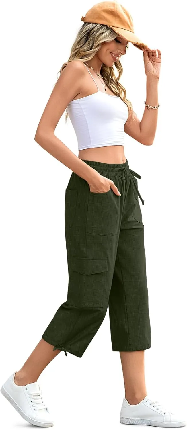 HOTGIFT Women Capris Cargo Pants 2025 Summer Hiking Pants Casual Lightweight Outdoor Quick Dry with 6 Pockets