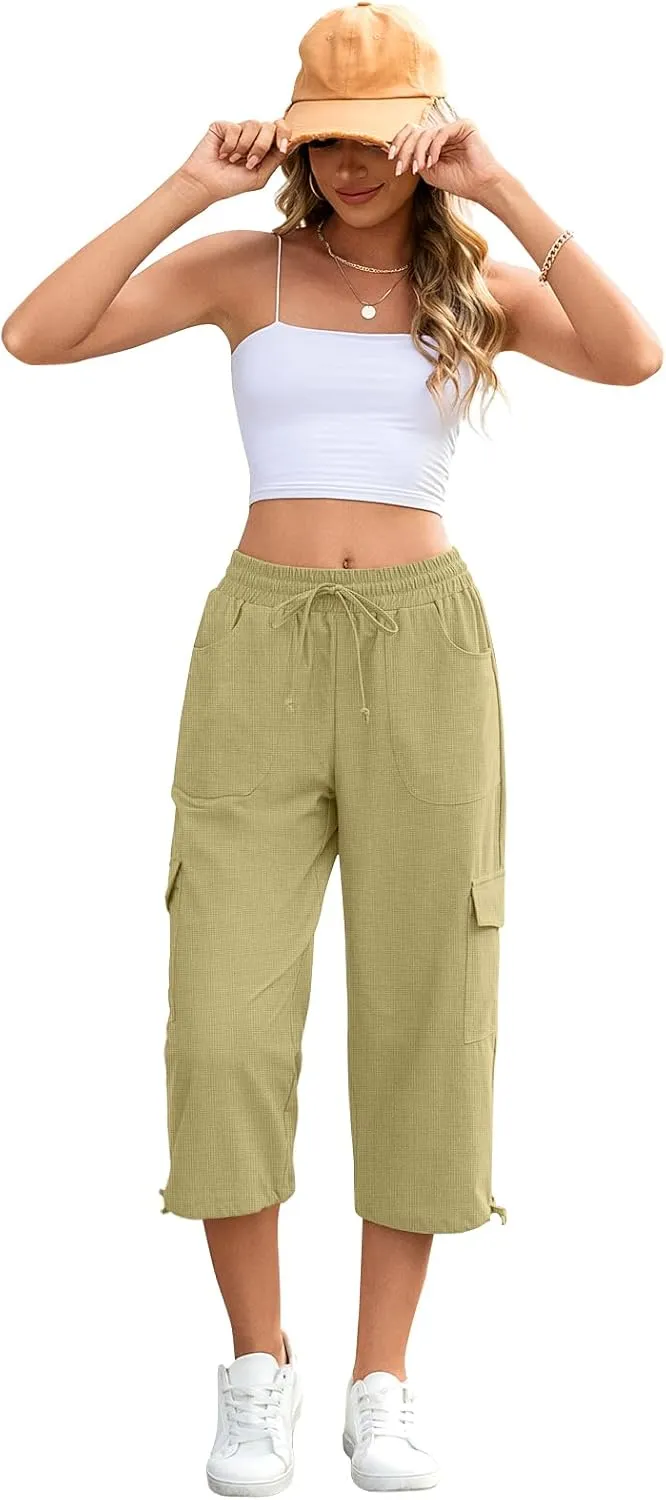 HOTGIFT Women Capris Cargo Pants 2025 Summer Hiking Pants Casual Lightweight Outdoor Quick Dry with 6 Pockets