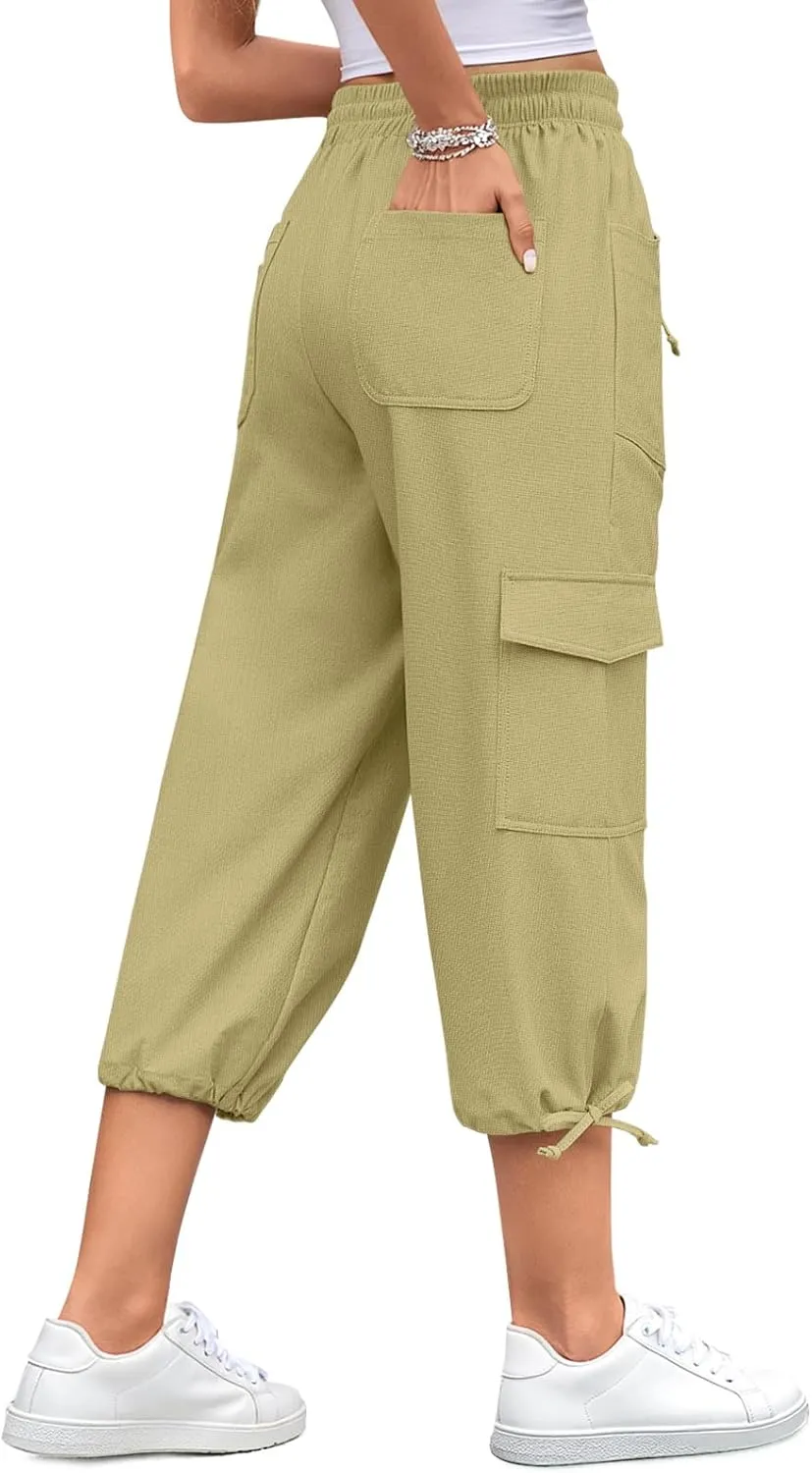 HOTGIFT Women Capris Cargo Pants 2025 Summer Hiking Pants Casual Lightweight Outdoor Quick Dry with 6 Pockets