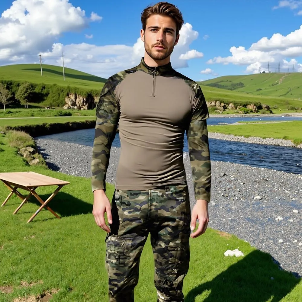 LANBAOSI Men's Tactical Combat Shirt and Pants Set Long Sleeve Woodland Hunting Military Uniform 1/4 Zip