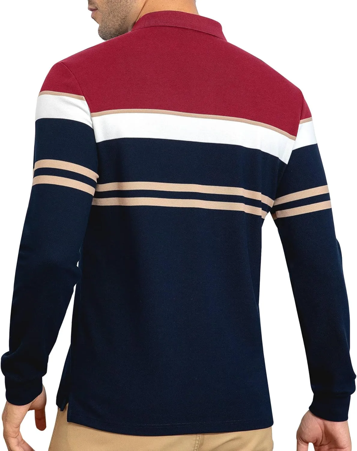 Long Sleeve Stripe Polo Shirts for Men Slim Fit Golf Collared Work Casual Rugby Shirts
