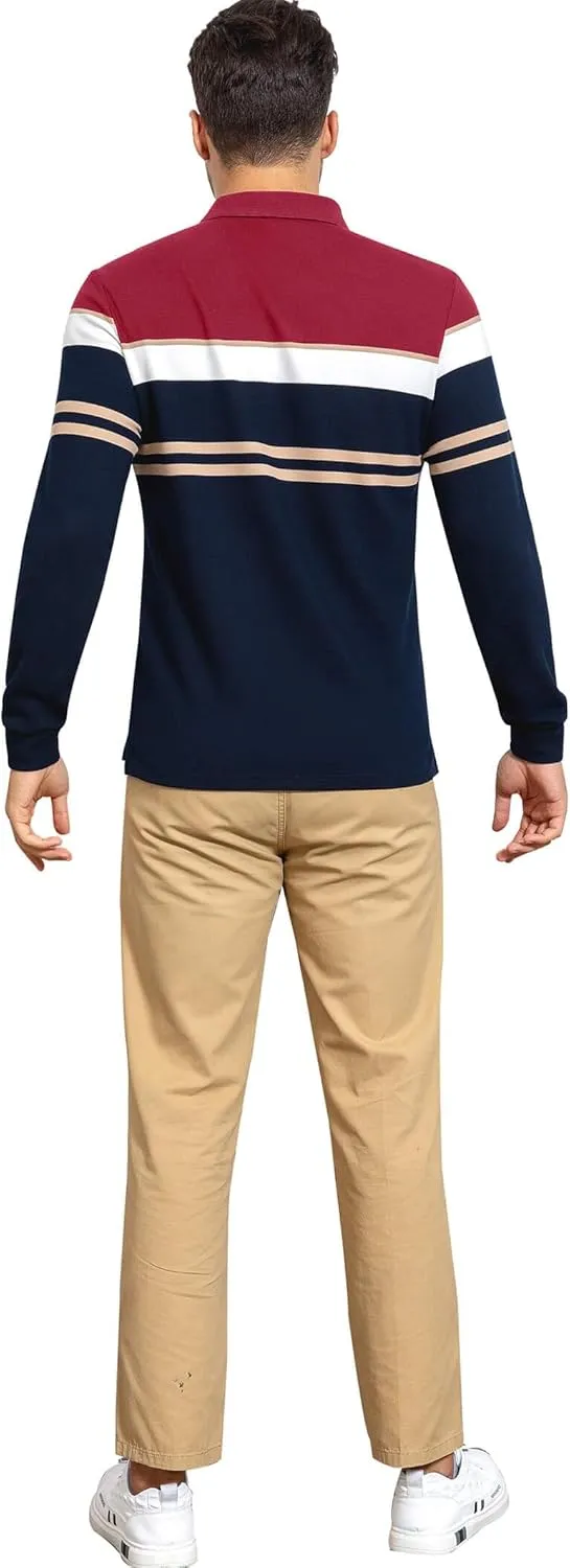Long Sleeve Stripe Polo Shirts for Men Slim Fit Golf Collared Work Casual Rugby Shirts