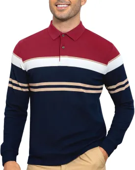 Long Sleeve Stripe Polo Shirts for Men Slim Fit Golf Collared Work Casual Rugby Shirts
