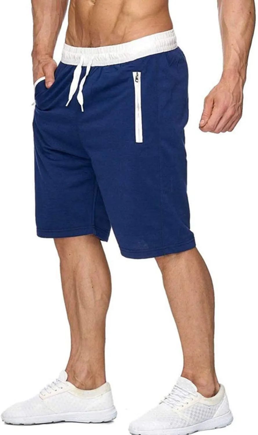 Mens Elastic Waist Drawstring Summer Workout Shorts with Zipper Pockets