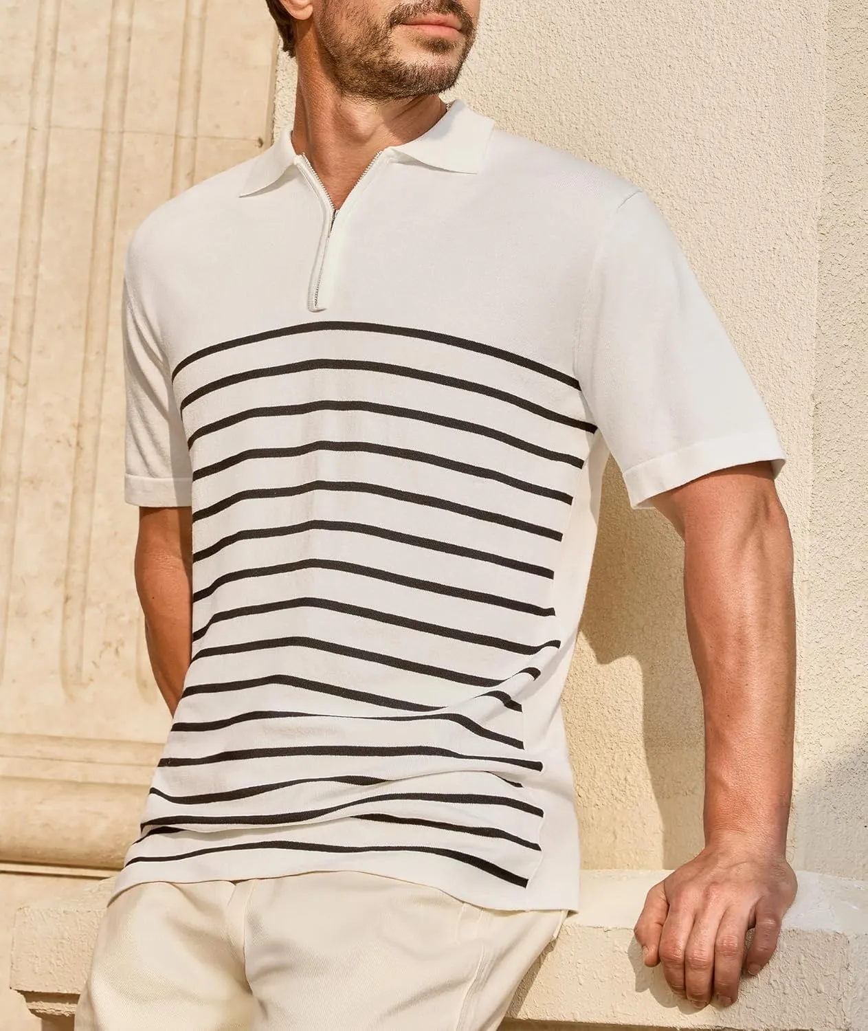 Mens Knit Polo Shirts Short Sleeve Vintage Striped T Shirts Zipper Collared Lightweight Golf Shirt