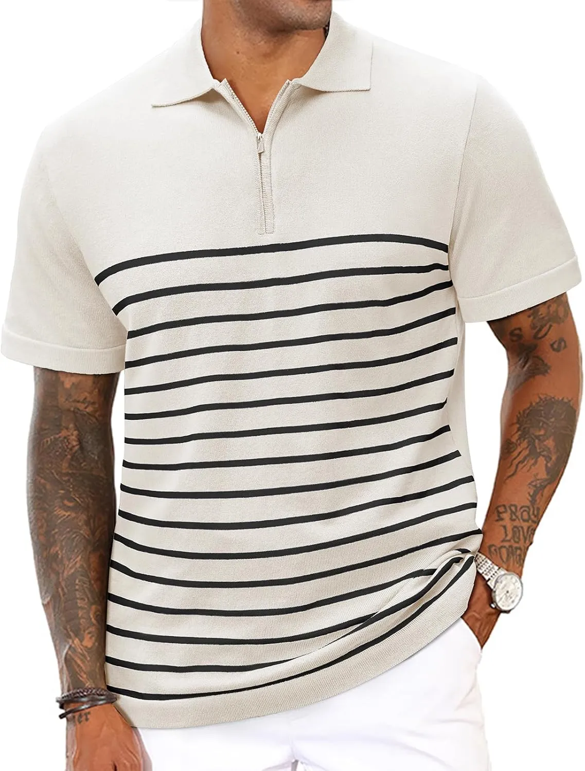 Mens Knit Polo Shirts Short Sleeve Vintage Striped T Shirts Zipper Collared Lightweight Golf Shirt