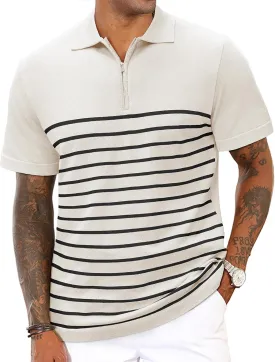 Mens Knit Polo Shirts Short Sleeve Vintage Striped T Shirts Zipper Collared Lightweight Golf Shirt