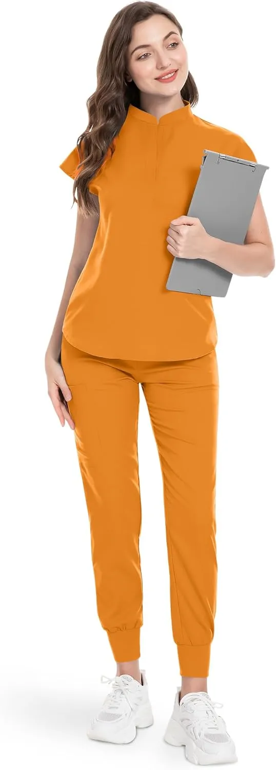niaahinn Scrubs Set for Women Nurse Uniform Jogger Suit Stretch Top & Pants with Multi Pocket for Nurse Esthetician Workwear