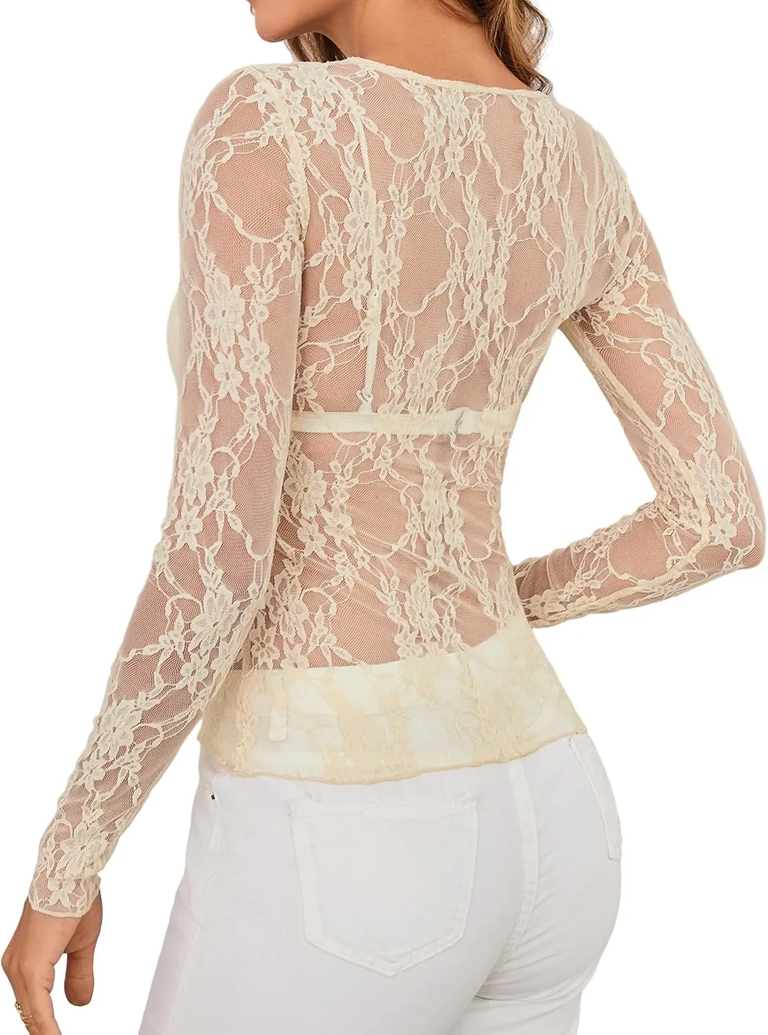 OFEEFAN Womens Mesh Tops Lace Long Sleeve Shirts Crewneck Slim Fitted Outfits See Through Blouses