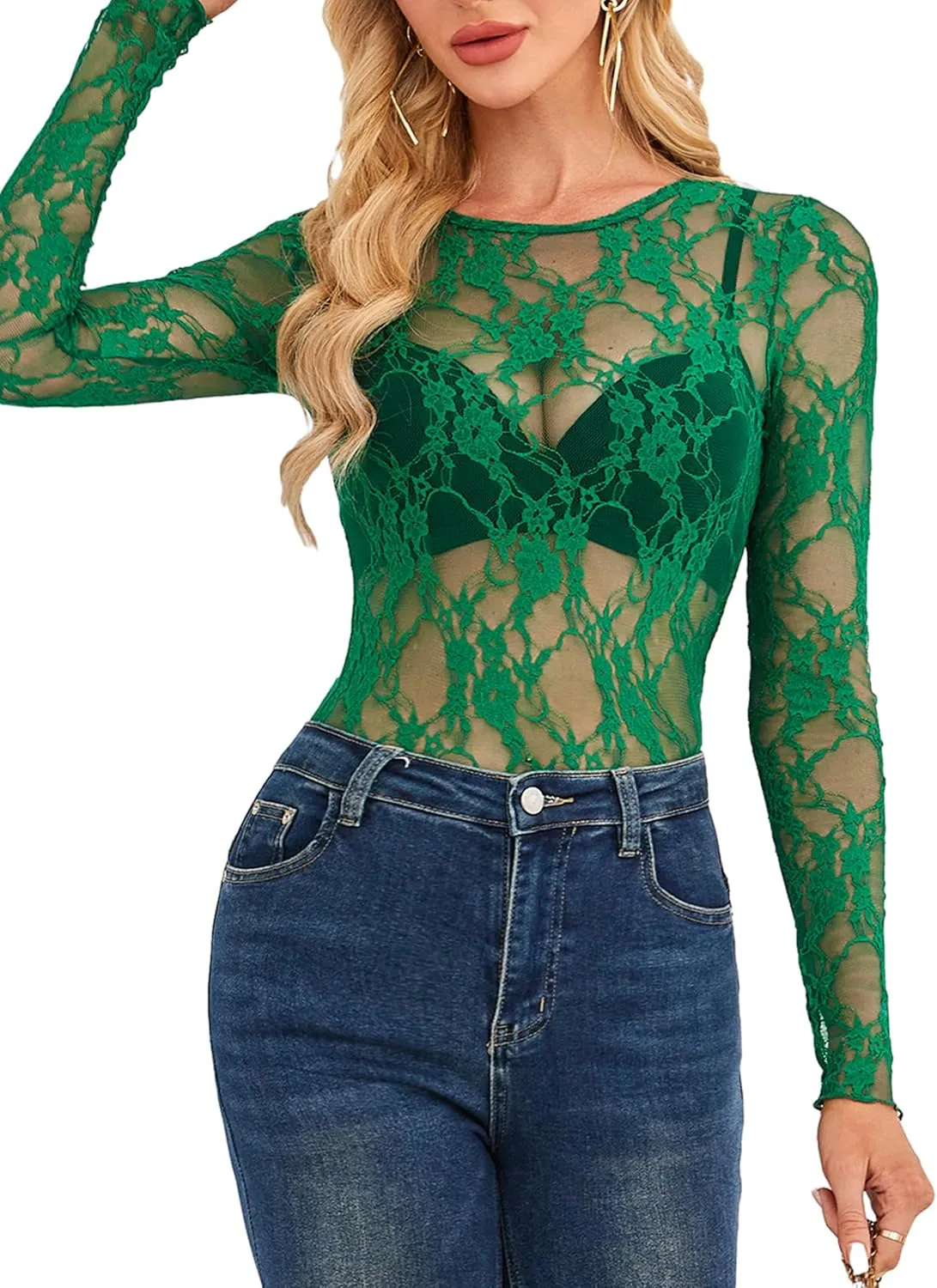 OFEEFAN Womens Mesh Tops Lace Long Sleeve Shirts Crewneck Slim Fitted Outfits See Through Blouses