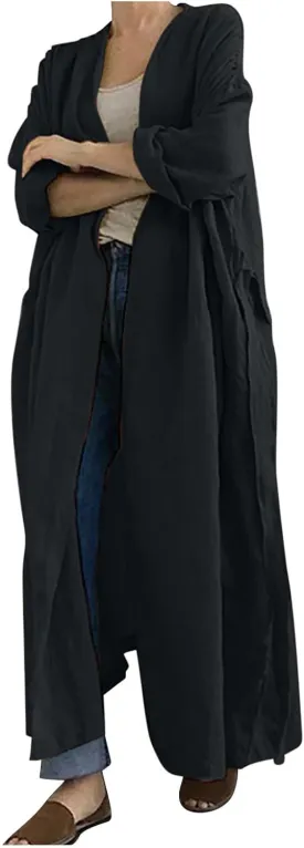 Oversized Cotton Maxi Long Trench Coats for Women Loose Open Front Cardigan Plus Size Ruffle Belted Cover Up Tops