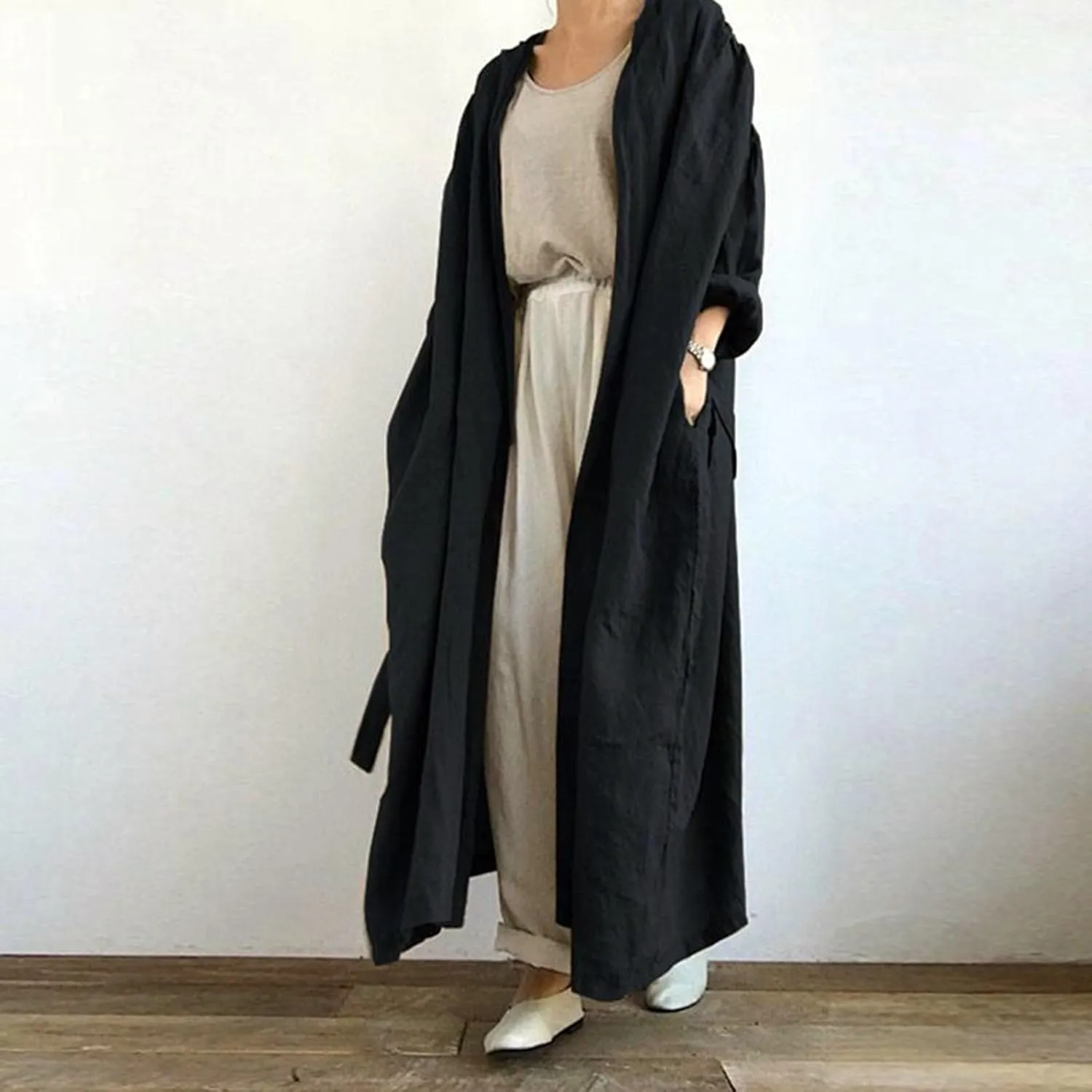Oversized Cotton Maxi Long Trench Coats for Women Loose Open Front Cardigan Plus Size Ruffle Belted Cover Up Tops