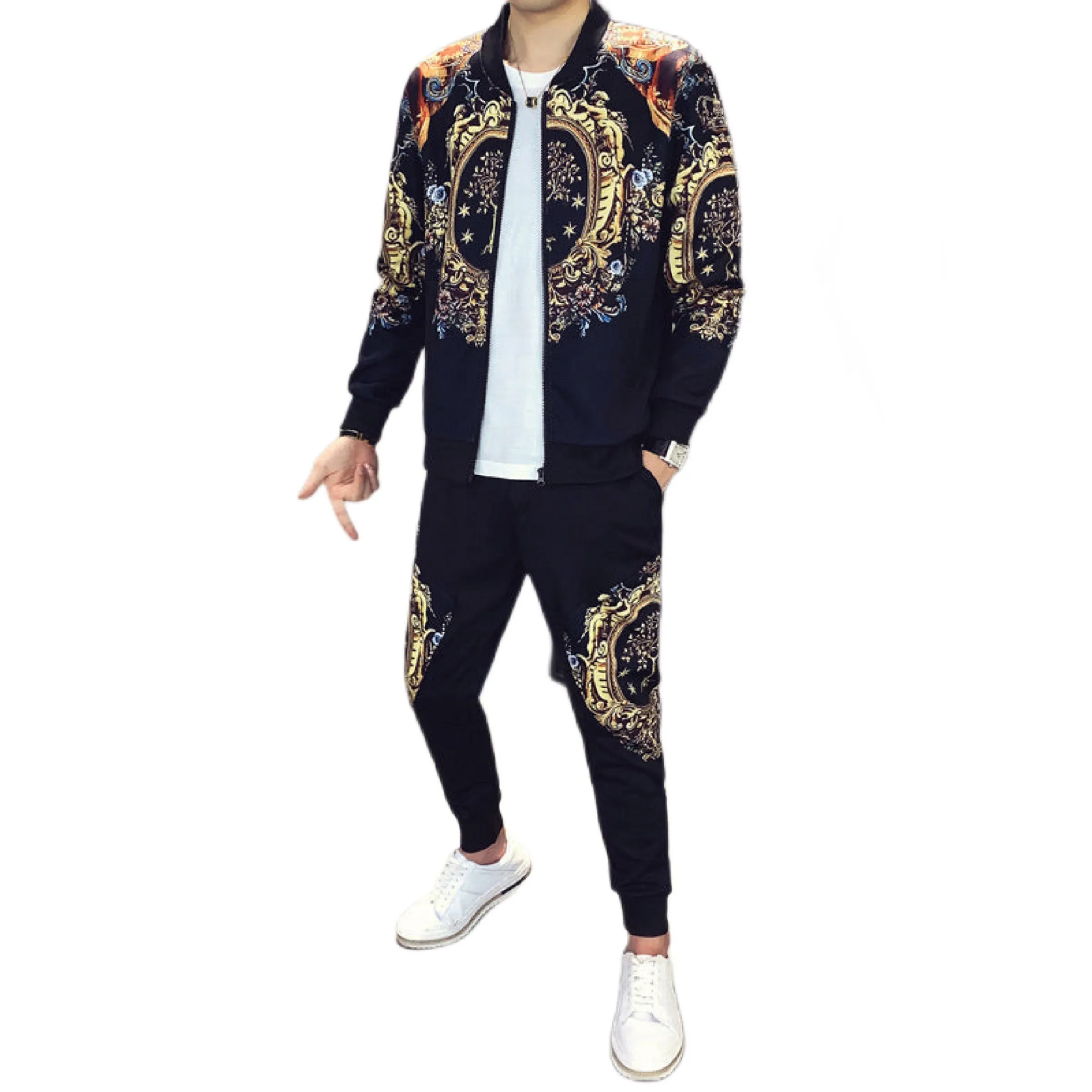 Rare Hip Hop Tracksuit Jacket Suit Men's 2 Pieces Gold Print Sportswear Casual Size M, L, XL, 2XL, 3XL, 4XL, 5XL