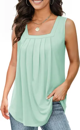 Tank Tops for Women Summer, Loose Fit Pleated Square Neck Sleeveless Tops Flowy Blouse Going Out Tops Basic Shirts