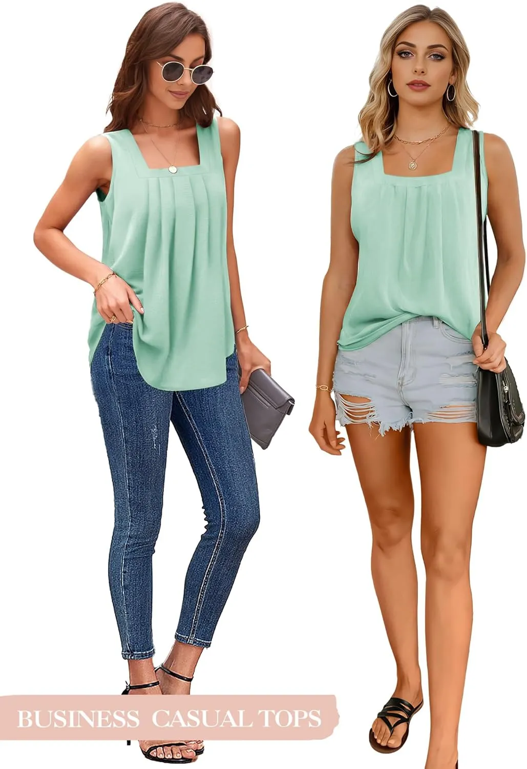 Tank Tops for Women Summer, Loose Fit Pleated Square Neck Sleeveless Tops Flowy Blouse Going Out Tops Basic Shirts
