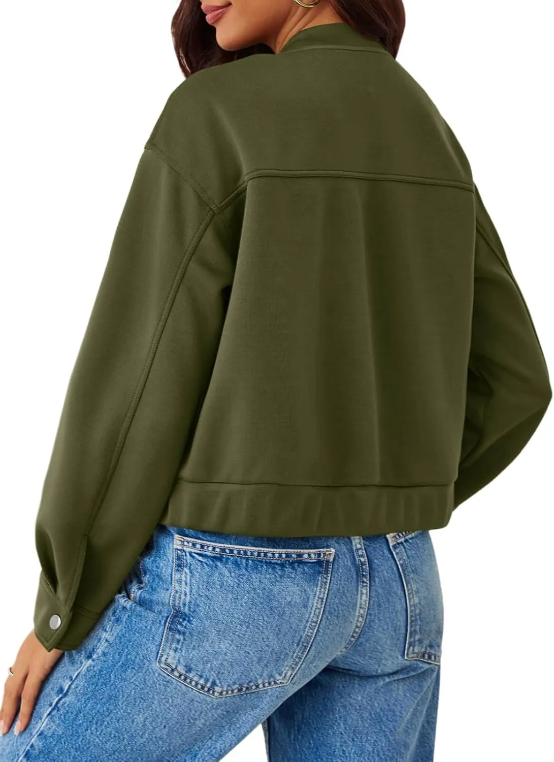 Tankaneo Womens Cropped Bomber Jackets Casual Button Down Long Sleeve Stand Collar Fall Coats